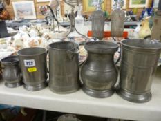 Five antique pewter tankards