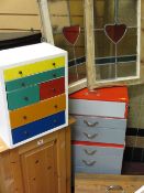 Two stained glass wooden framed panels, single door pine cabinet, pine lockable storage box and a