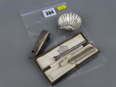 Sterling silver vesta case whistle with Latin inscription and striker, a small shell shaped salt
