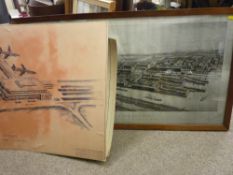 Oak framed print of Harland & Wolff's ship building yard, two artist's impressions of Liverpool