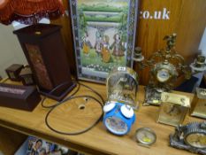 Parcel of items including Oriental print, table lamp, parcel of carriage and mantel clocks etc