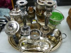 Four piece reed decorated EPNS teaset, a set of candle snuffers and tray, a sweetmeat basket with