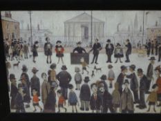 L S LOWRY print - townscape with figures, 49 x 69 cms