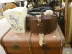 Vintage travel trunk, a hat box, a decorative litter bin etc