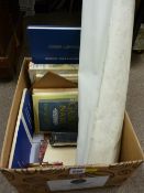 Box of vintage books, a folder of maps from the British Railways Board and two sets of blueprints