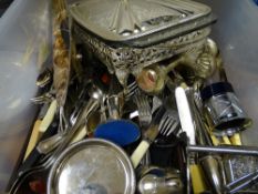 Tub of white metalware and cutlery