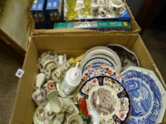 Box of mixed porcelain including Masons, Gaudy Welsh etc and a box of jigsaws