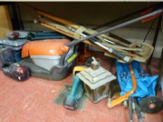 Flymo Hover Compact 330 mower, cordless hedge trimmer, parcel of long handled garden tools,