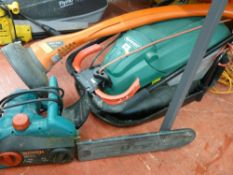 Qualcast hover mower, Flymo mini trim strimmer and a Bosch AKE 35S chainsaw E/T