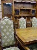Well presented dining room suite of Jacobean style furniture by Jaycee comprising oak carved