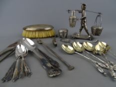 Mixed silver and white metal items including a Chinese condiment carrying man on a cart,