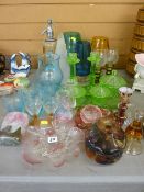 Uranium glass dressing table set, a Mdina vase along with a mixed selection of other colourful