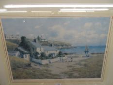WARREN WILLIAMS ARCA limited edition (475/500) print - coastal cottages with bonneted lady feeding