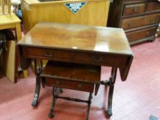 Lyre ended sofa table with twin drawers and another smaller example with single drawer