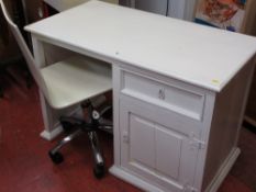Wooden white painted single pedestal desk with drawer and base cupboard and a retro style wooden and