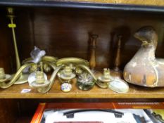 Parcel of treen ware, vintage metal wall lamps, paperweights including Millefiori etc