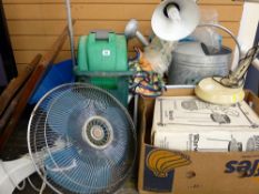 Large parcel of garage items including Hozelock garden hose, galvanized watering can, parcel of