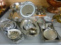 Modern chrome shaving mirror, a loose quantity of EPNS and other cutlery and various other items