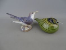 Copenhagen porcelain figure of a tern and an Oiva Toikka studio glass duck, etched factory marks and