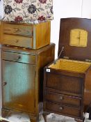 Small oak single door bedside cabinet, two drawer oak bedside cabinet, footstool etc (a parcel)