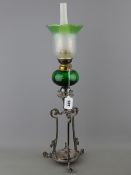 Vintage oil lamp with etched shade and green font on an EPNs stand, 56 cms high overall