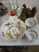 Large Royal Worcester fruit bowl and a quantity of similar type ramekins, a Portmeirion hen on