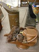 Good helmet shaped copper coal scuttle and two others