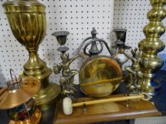 Parcel of brassware including gong, white metal candelabra etc