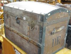 Wooden and metal banded dome topped trunk with initials 'D R'