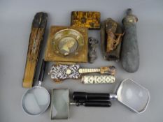 Painted snuff box titled 'Cotter's Saturday Night', two shot flasks, a tortoiseshell and mother of