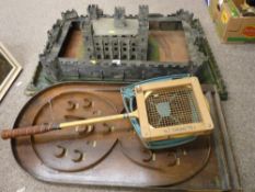 Vintage toy fort, an old Bagatelle board and a badminton racquet etc