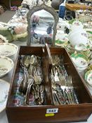 Antique mahogany cutlery box containing a quantity of fiddle patterned EP tableware along with a