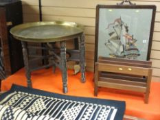 Large Eastern style Benares brass topped table, firescreen with frigate tapestry insert, small mid