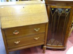 Oak two drawer writing bureau and a single door glazed wall hanging corner cupboard