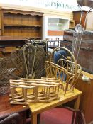 Small square light wood table, bamboo magazine rack, small wooden concertina wine rack, ornate