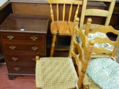 Polished bedroom chest of four graduated drawers with drop handles, parcel of two pine woven seat