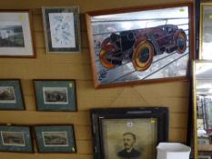 Vintage print of a gentleman and a leaded glass mirror with image of a vintage vehicle