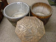 Oak and brass banded swing handled bucket, an iron banded tub and a carved stool