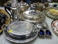 Stag topped EP entree dish and one other, a four piece salt and mustard set and four various EP