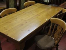 Large pine dining table dining with four Viola style pine chairs, 183 x 91 cms