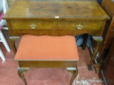 Polished wood two drawer console table/desk on pad feet and a upholstered top box seat with claw