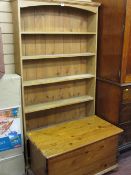 Vintage pine multi-shelf bookcase and a pine rectangular storage box