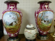 Fine pair of probably Continental vases, hunting dogs and prey, 42 cms high and a crackle glazed