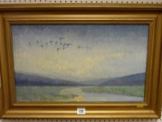 Oil on board, indistinctly signed - river scene with ducks in flight, 29 x 49 cms