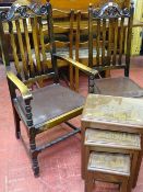 Two carved oak side chairs and an Oriental carved wood nest of three tables