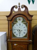 Circa 1840 longcase clock, oak case with arched top, painted dial by North Leckonfield, twin