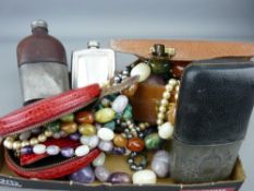 Three vintage hip flasks and a quantity of jewellery and boxes