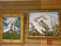 Unsigned oil on canvas - Alpine scene in a good gilt frame, 47 x 40 cms and another oil on board -