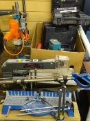 Boxed quantity of hand power tools including Eumig cased 9.6v rechargeable cordless air pump, two