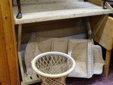 Pine kitchen work table, ornate stripped wood hanging corner shelves, small glass topped bamboo